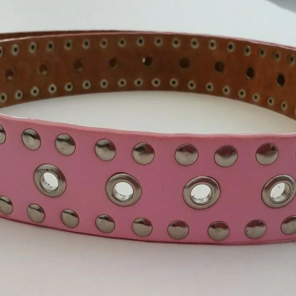 Genuine Bonded Leather Studded Belt Mall Goth Y2k Pink Metal Stud Punk Glam Rock - Picture 6 of 10